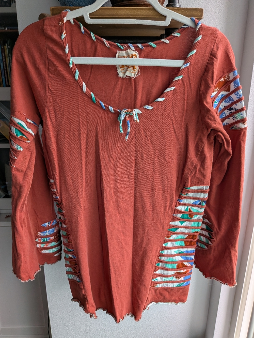 Festival Boho Spicy Green Mango Top - Earthy Rust Orange with Geometric Inserts